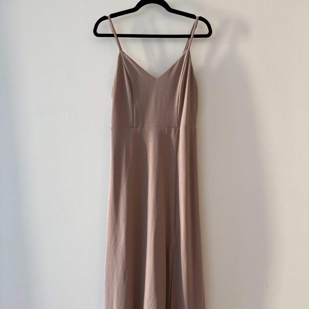 Birdy Grey | Devin Bridesmaid Dress with Slit - Taupe Crepe | Size M
